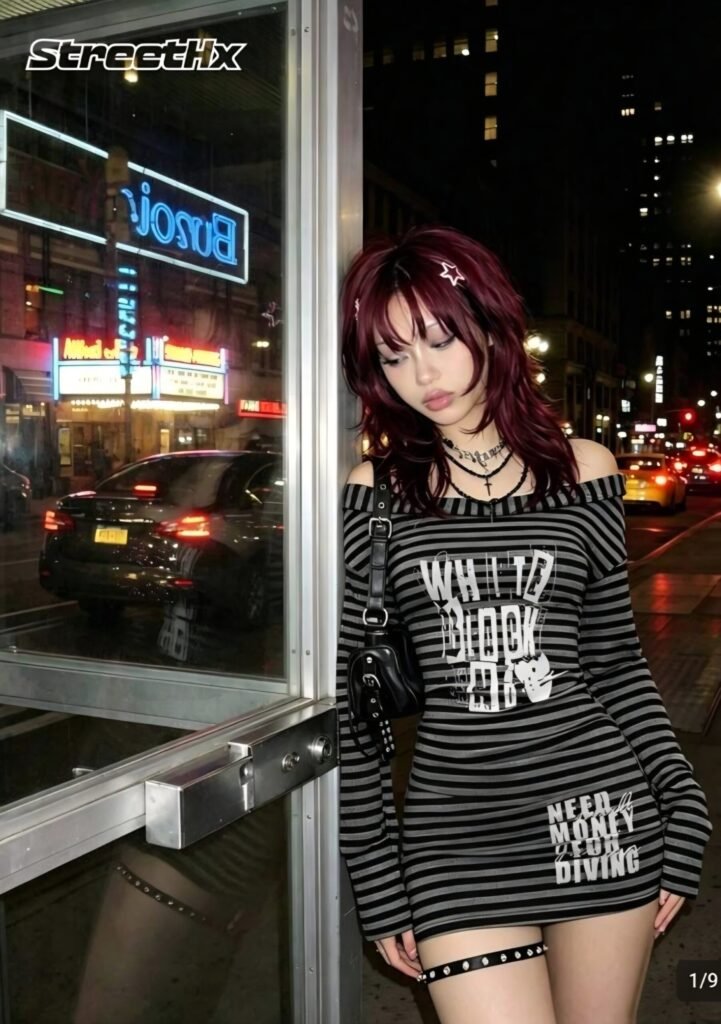 Vestido Rayado Goth Y2K Off Shoulder