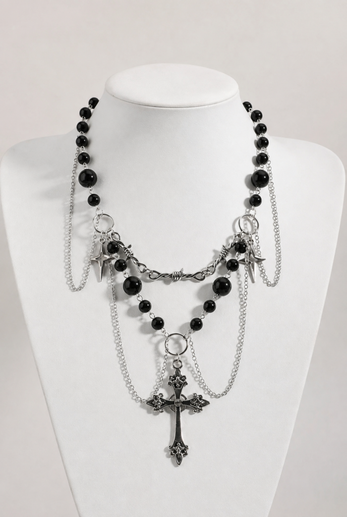 Collar Gótico Nocturno de Cuentas Negras con Cruces y Cadenas Plateadas