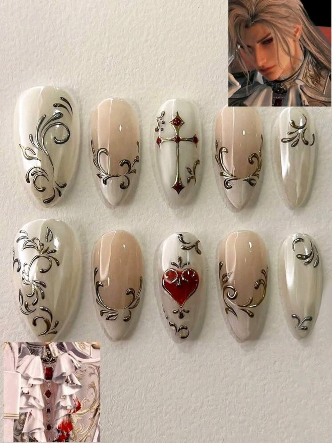 Uñas Postizas Góticas con Detalles Plateados y Corazones Rojos