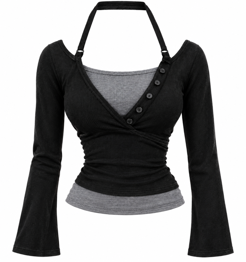Polo Negro Y2K con Botones y Top Gris