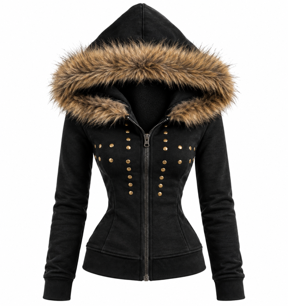 Chaqueta Alternativa Dark Glam con Capucha de Pelo
