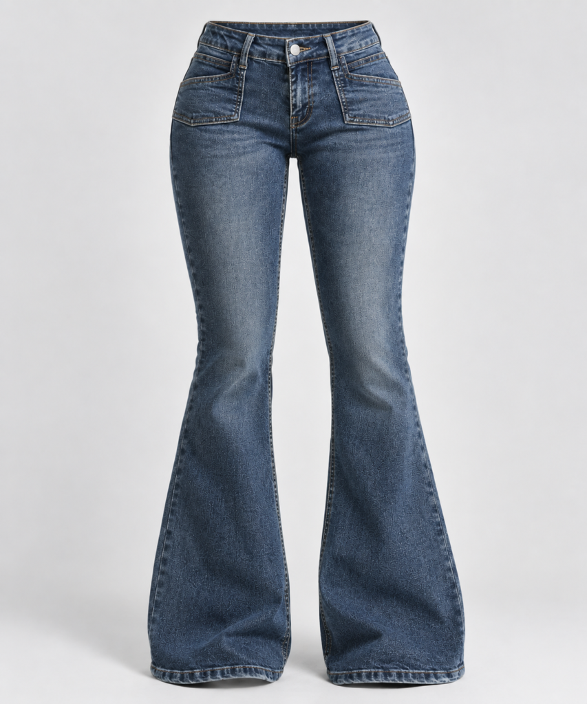 Jeans Flare Azul Oscuro de Tiro Bajo con Bolsillos Frontales