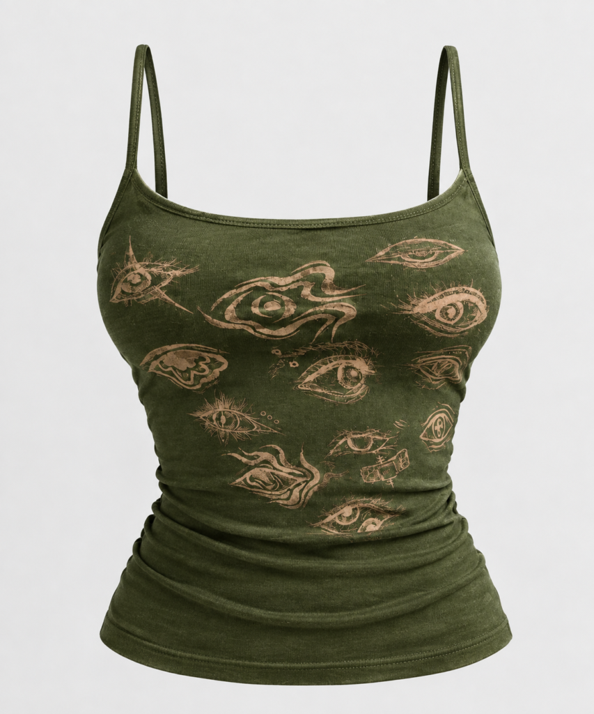 Top Verde Militar Y2K con Estampado de Ojos