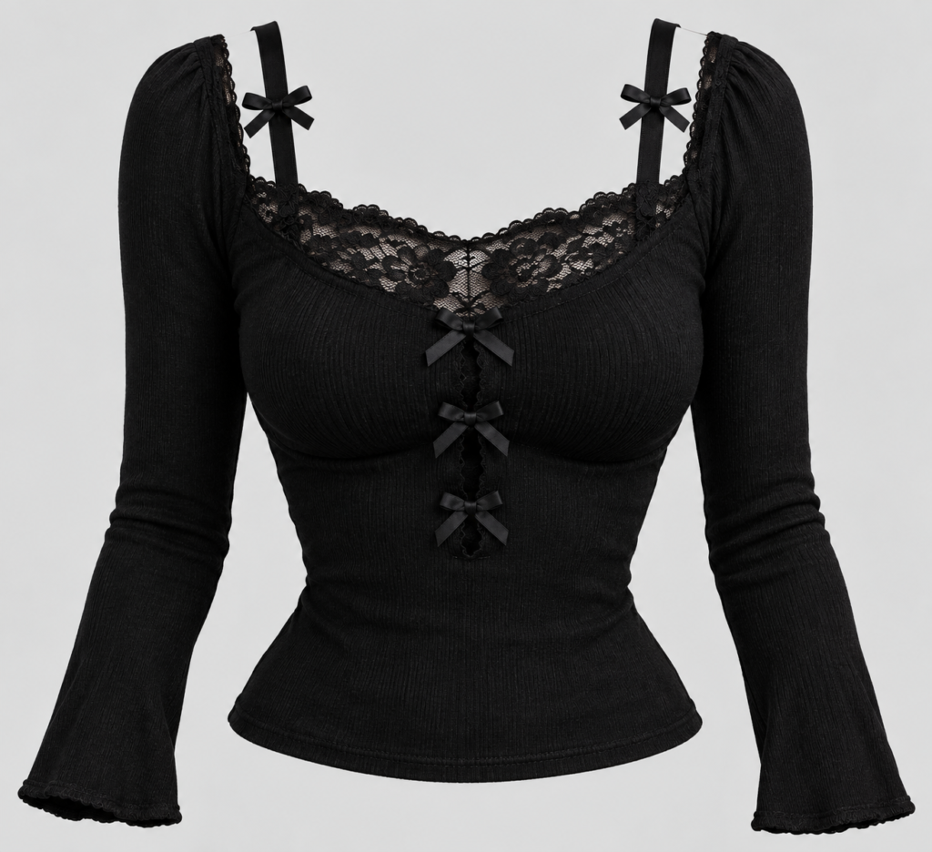 Polo Negro Gótico con Encaje y Lazos