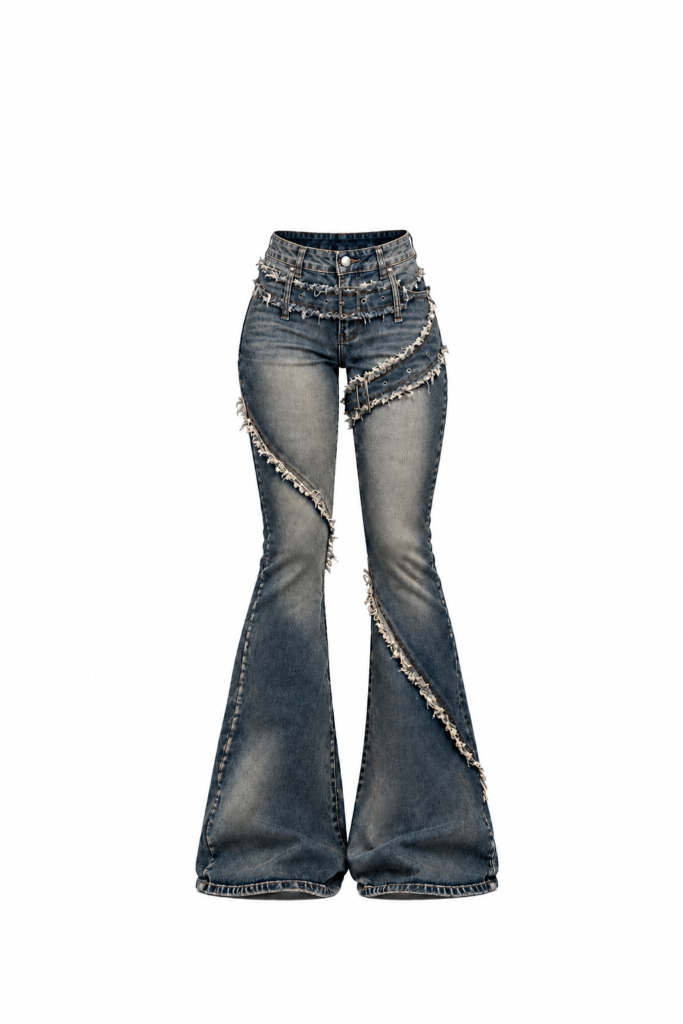 Jeans Flare Asimétricos Vintage de Tiro Bajo con Costuras Desgastadas