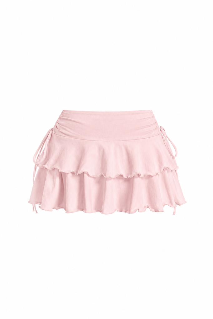 Rosé Riot – Minifalda Rosa de Doble Volante con Cordones Laterales