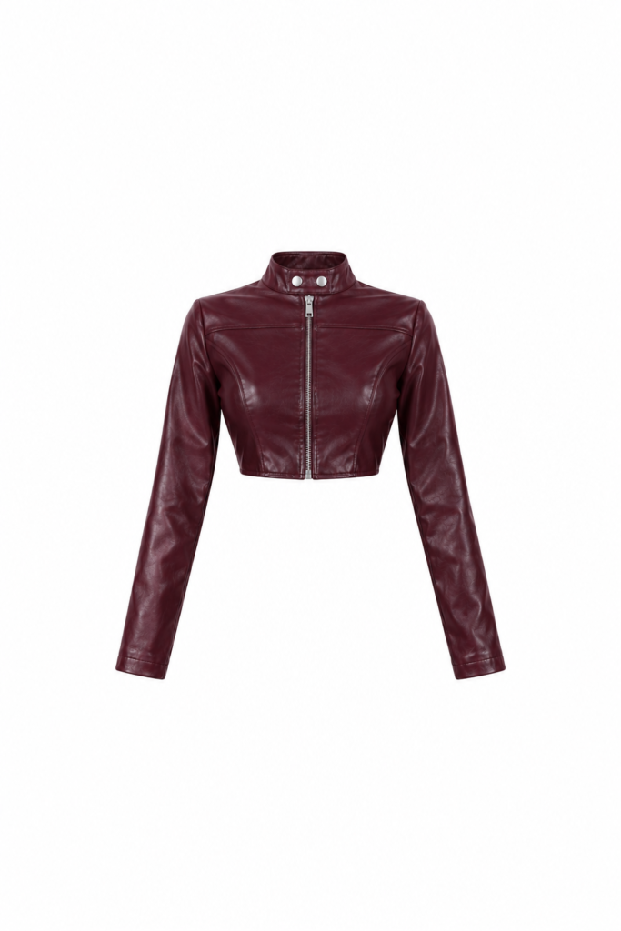 Vesper – Chaqueta Cropped de Cuero Sintético Color Vino