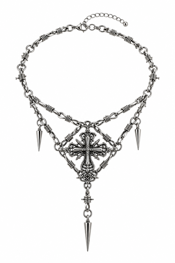 Collar Dark Reliquary – Cruz Gótica Plateada